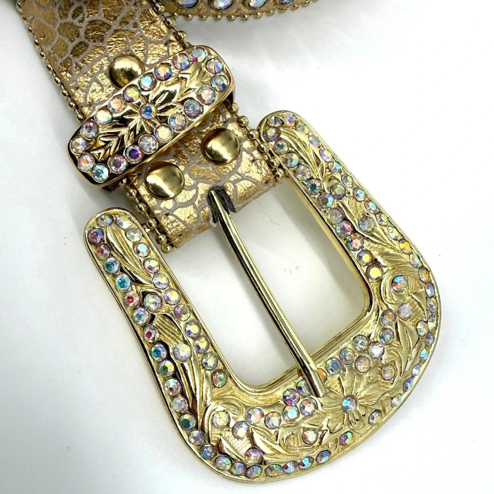 Gold Metallic Rhinestone Western Belt Small Crystal Embossed Croc Cowgirl Bling
